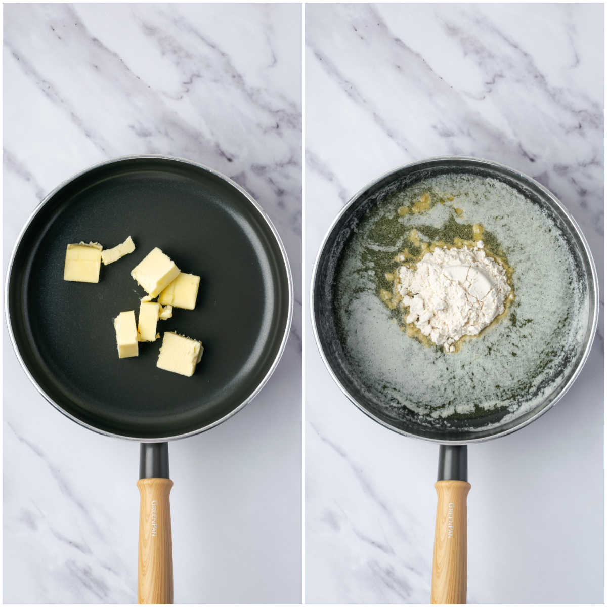 Making a roux in saucepan with butter and flour.