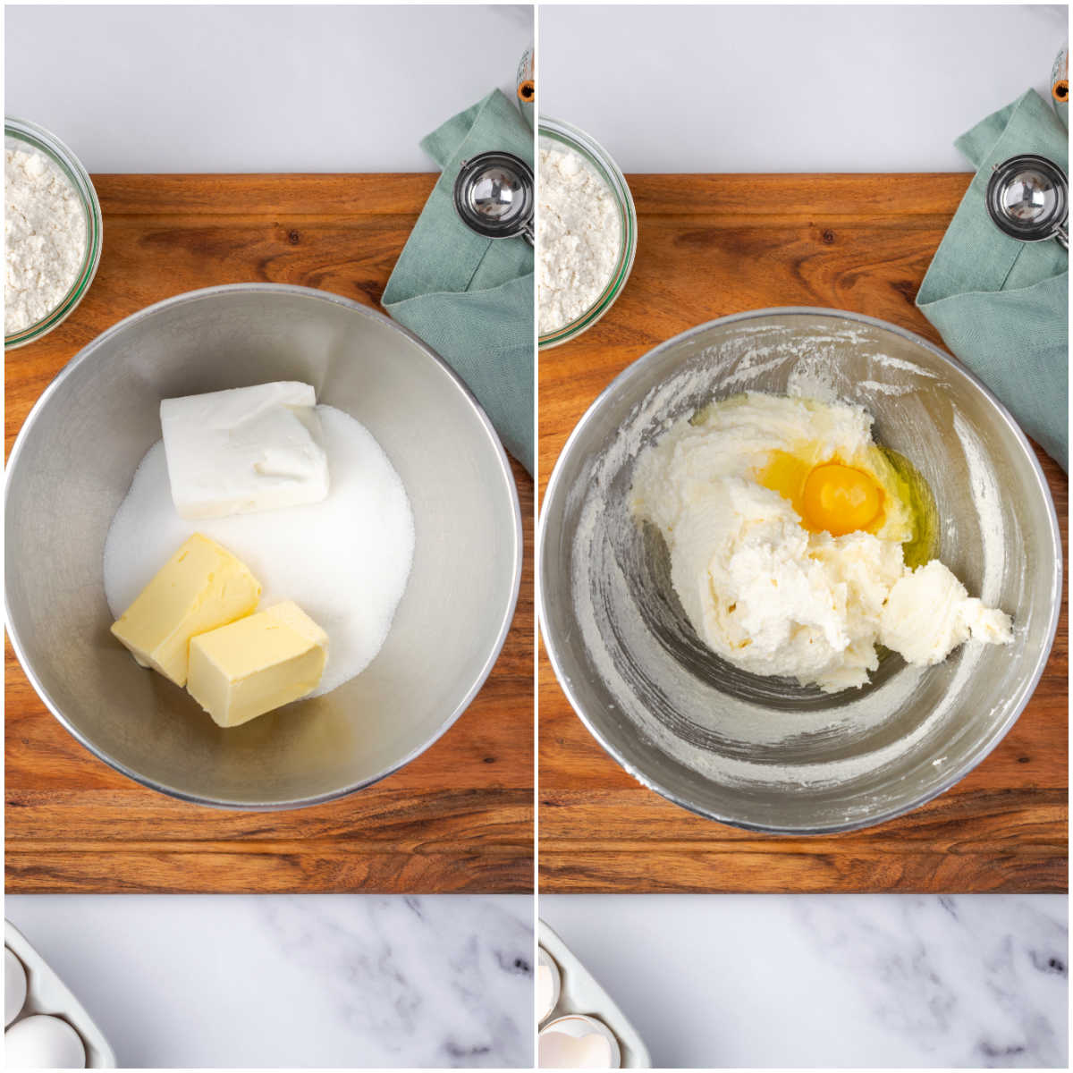 Step images making cookie dough in metal mixing bowl.