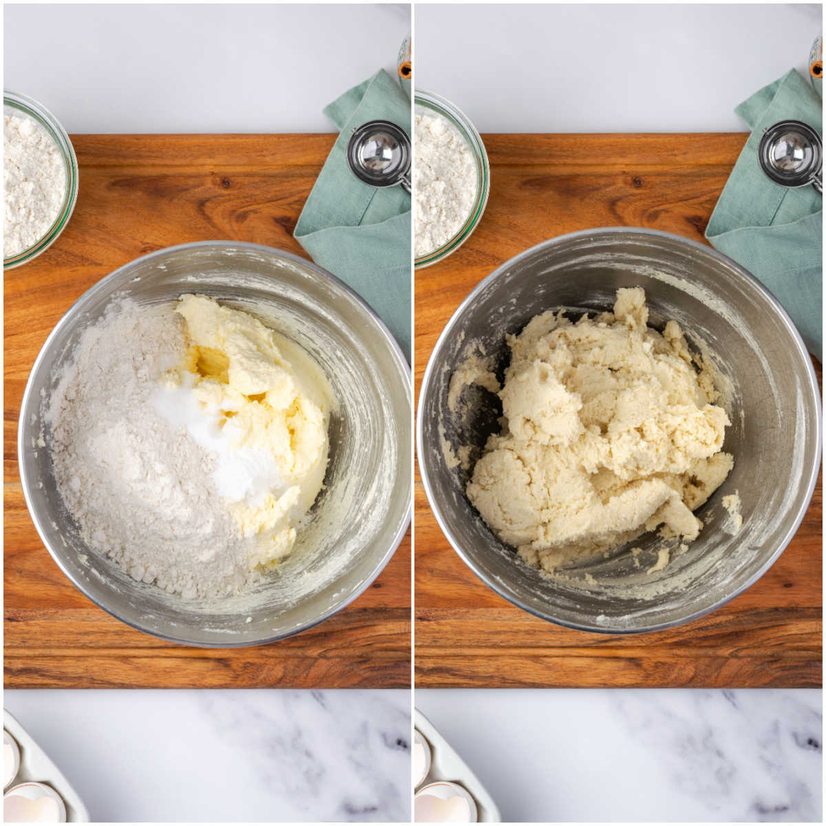 Step images making cookie dough in mixing bowl.