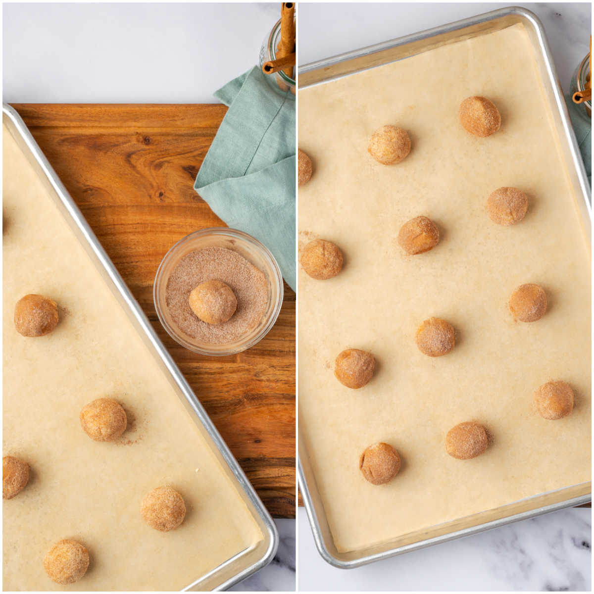 Step images rolling cookie dough into cinnamon sugar in glass bowl.