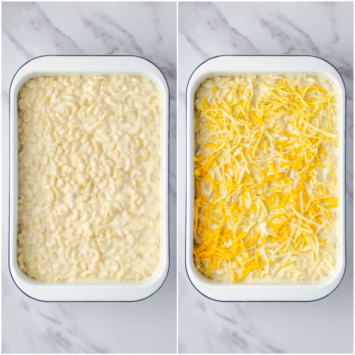 Macaroni and cheese sauce in white casserole dish on white marble.