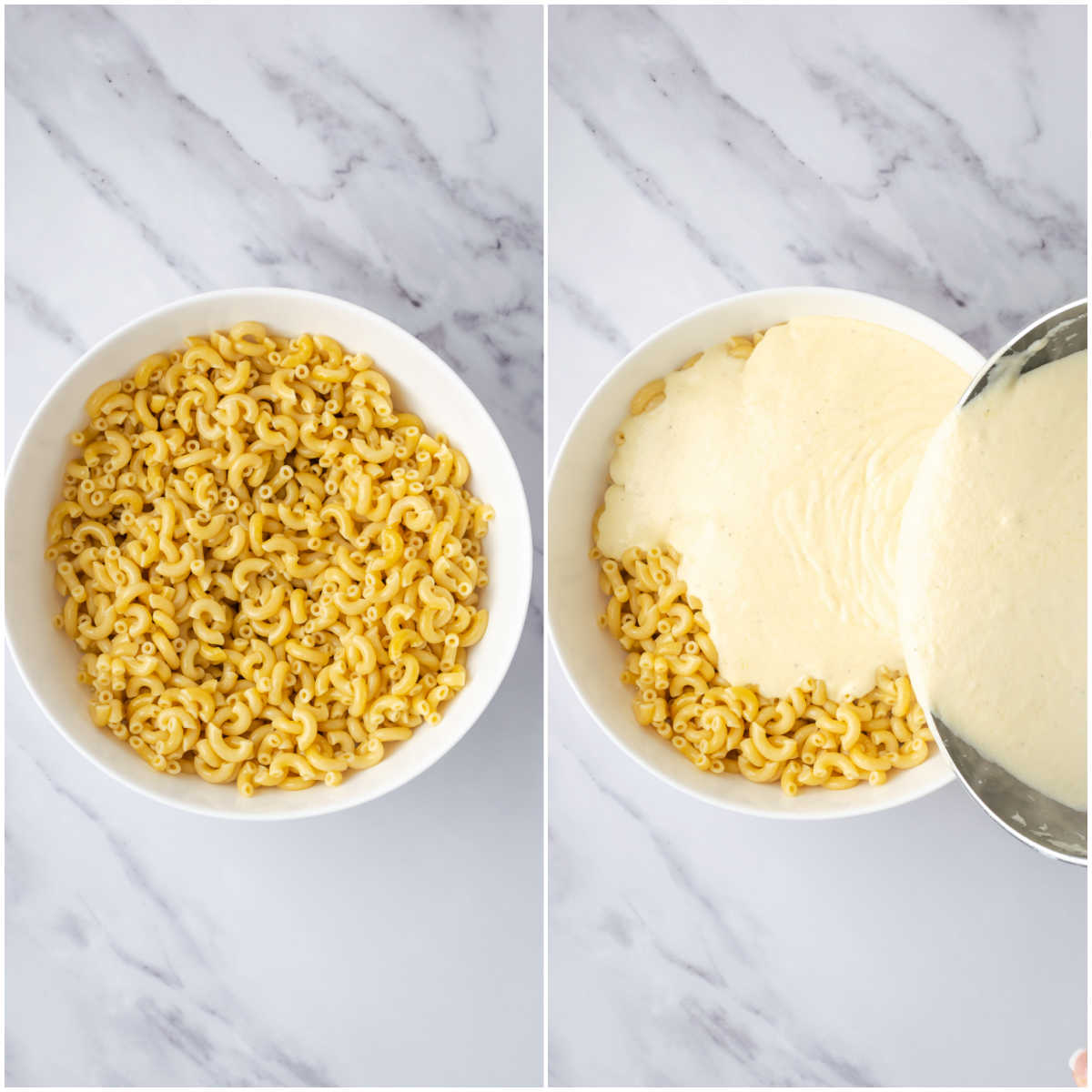Adding cheese sauce to cooked macaroni in white bowl.