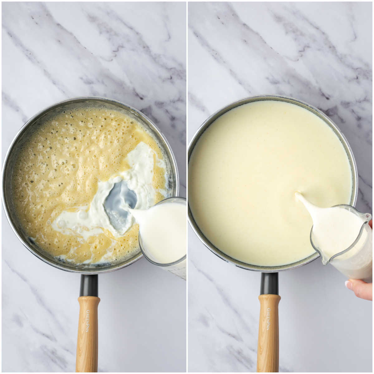 Adding milk to roux ingredients in saucepan.