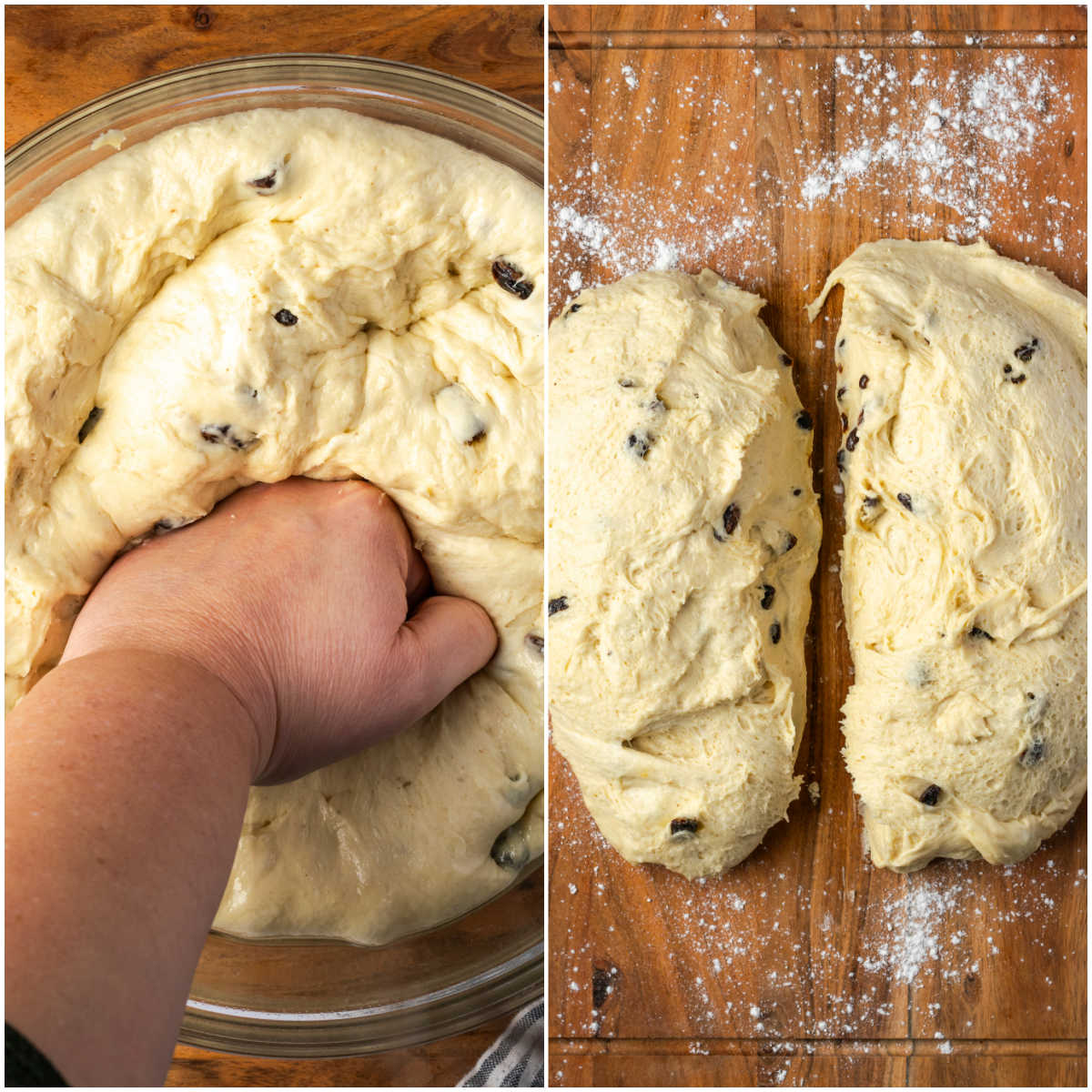 Punching dough dough and dividing in half on cutting board.