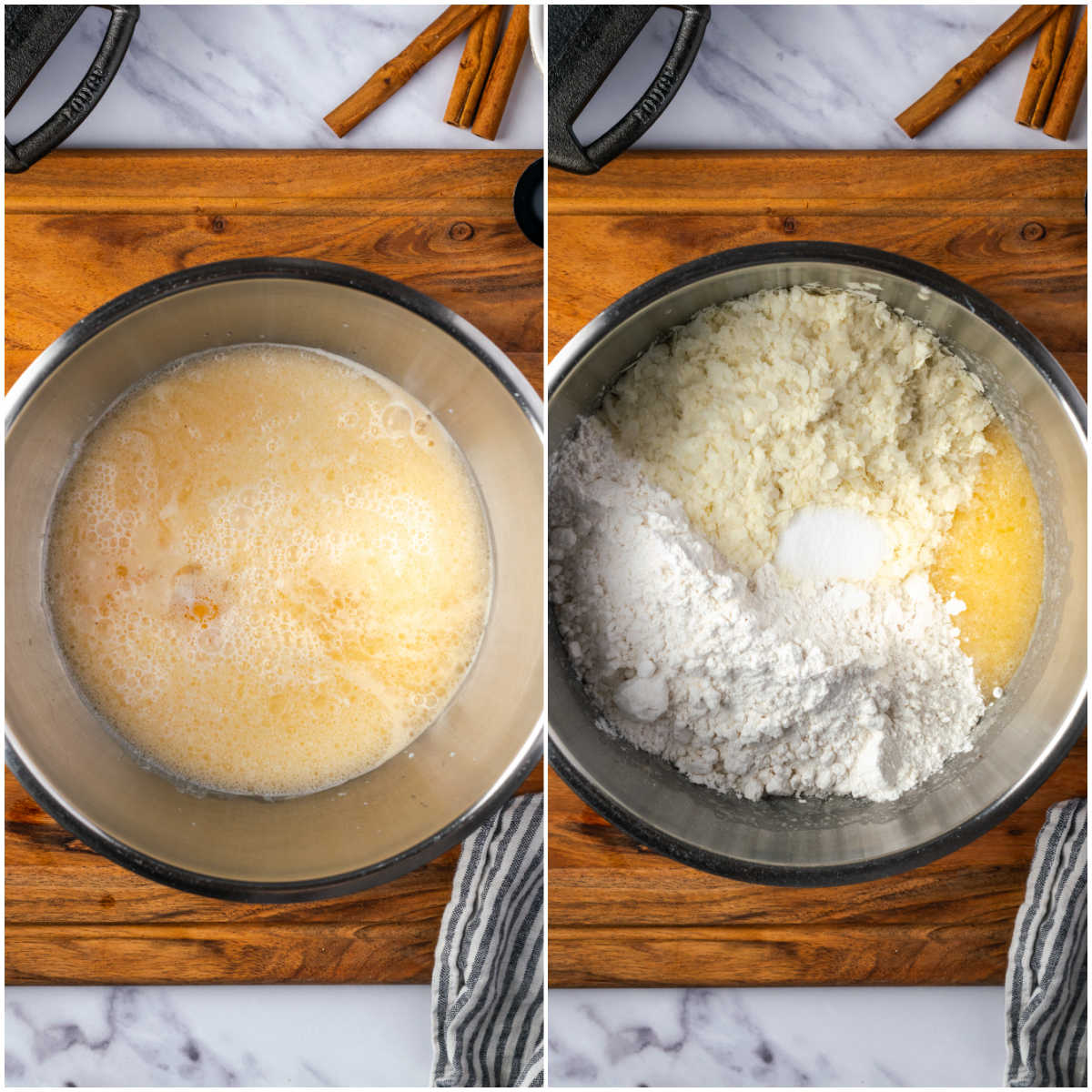 Mixing dough for bread in mixing bowl.