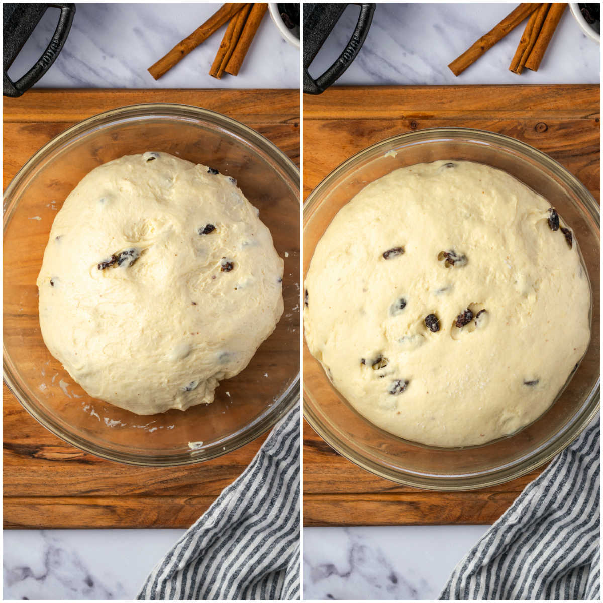 Dough rising in clear glass bowl on wood cutting board.