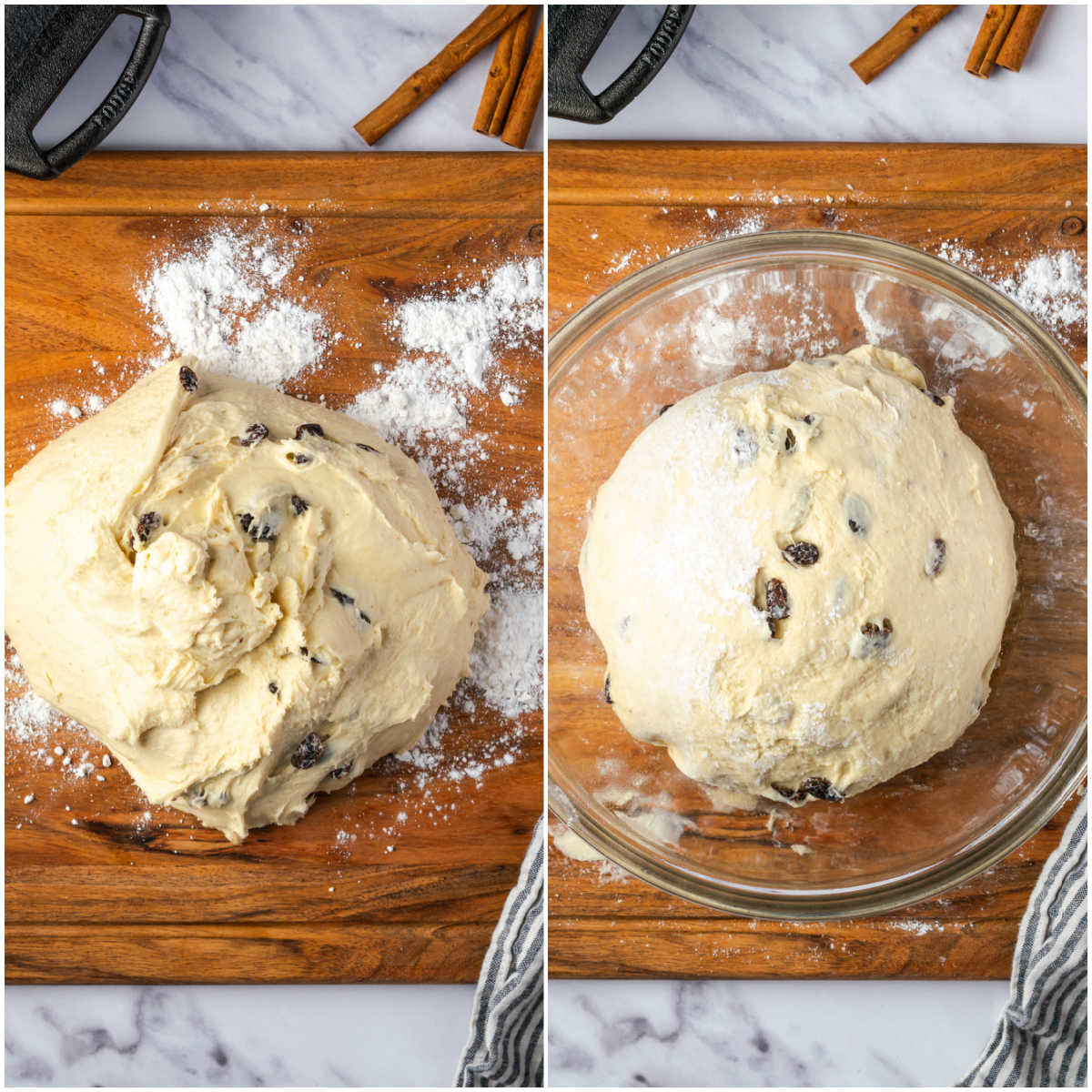 Kneading dough on cutting board.