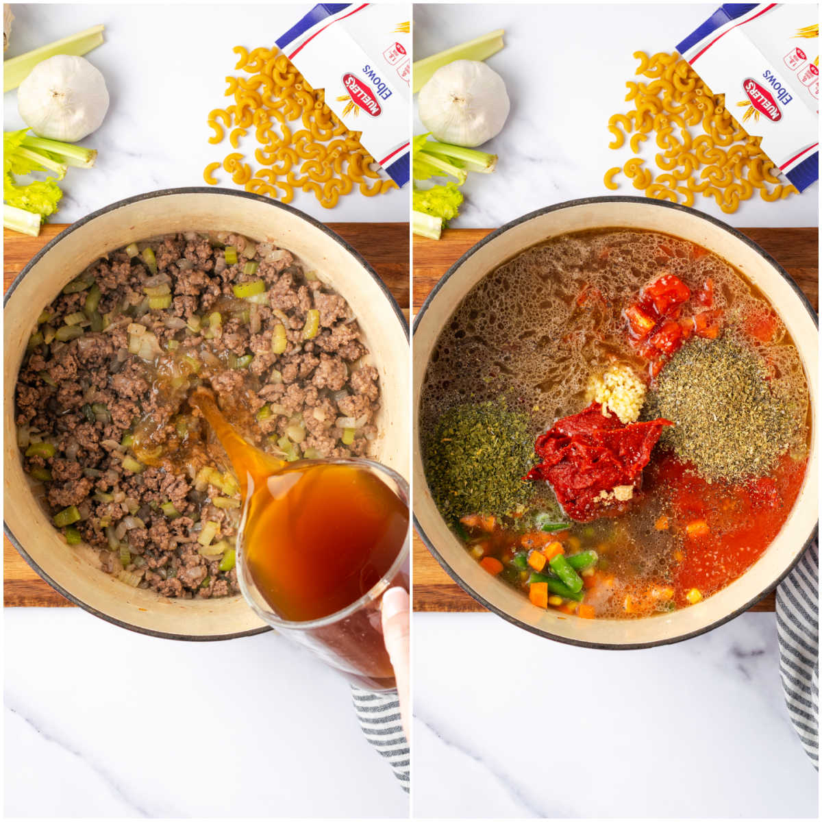 Step images adding beef broth to soup ingredients in Dutch oven.