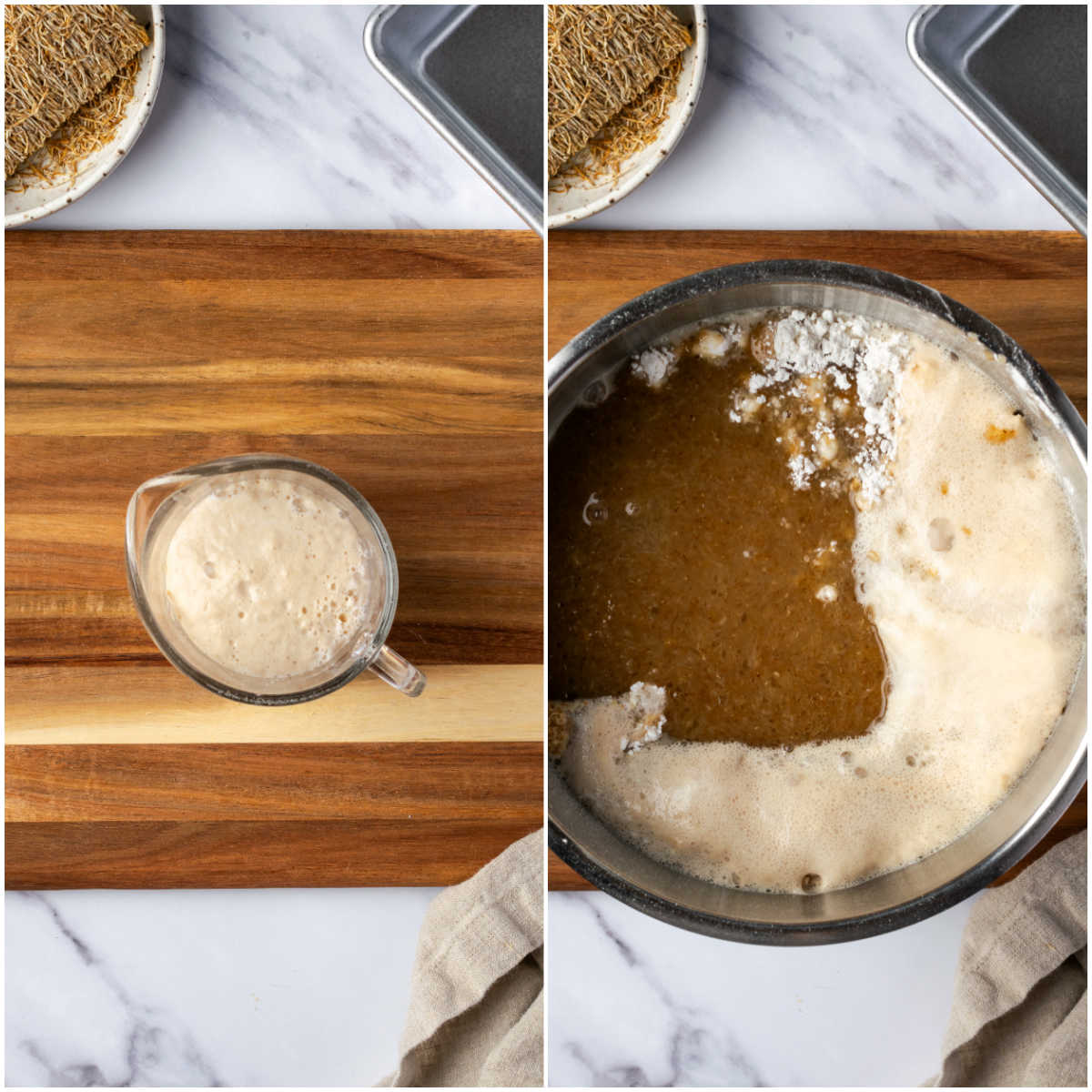Yeast in clear glass measuring cup, mixing ingredients in mixing bowl.