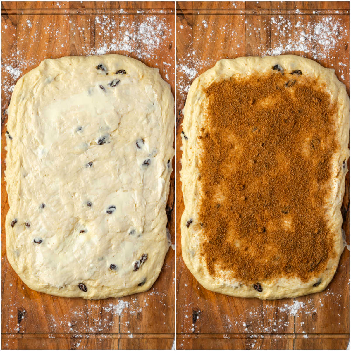 Rolling dough in rectangle, adding cinnamon sugar mixture.