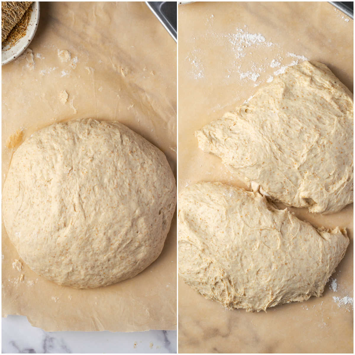 Dividing bread dough on parchment paper.