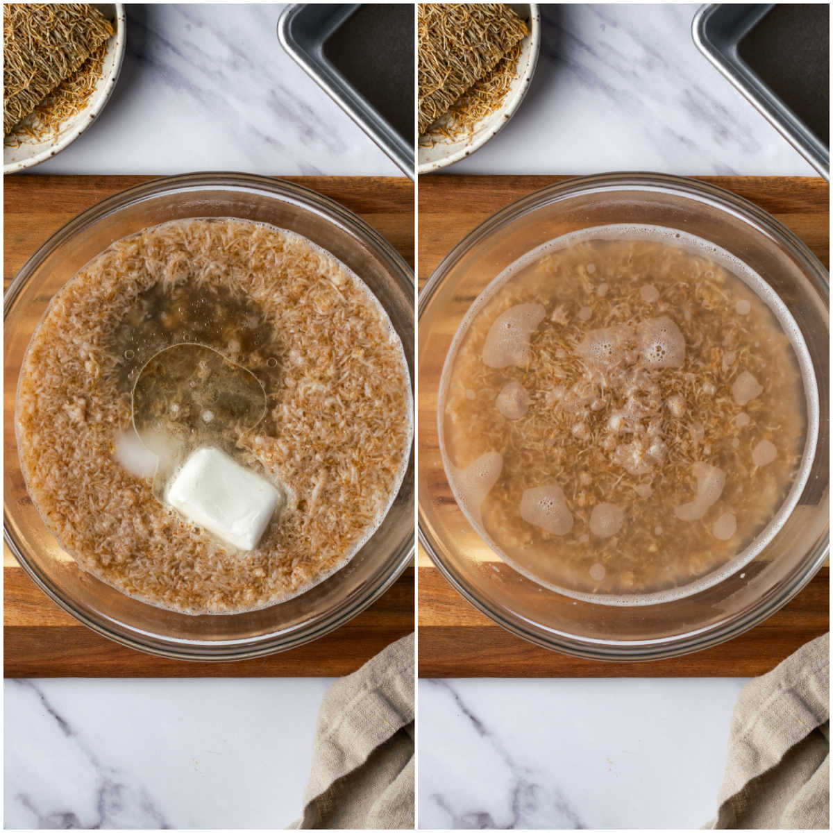 Shredded wheat biscuits in hot water with lard in clear glass bowl.