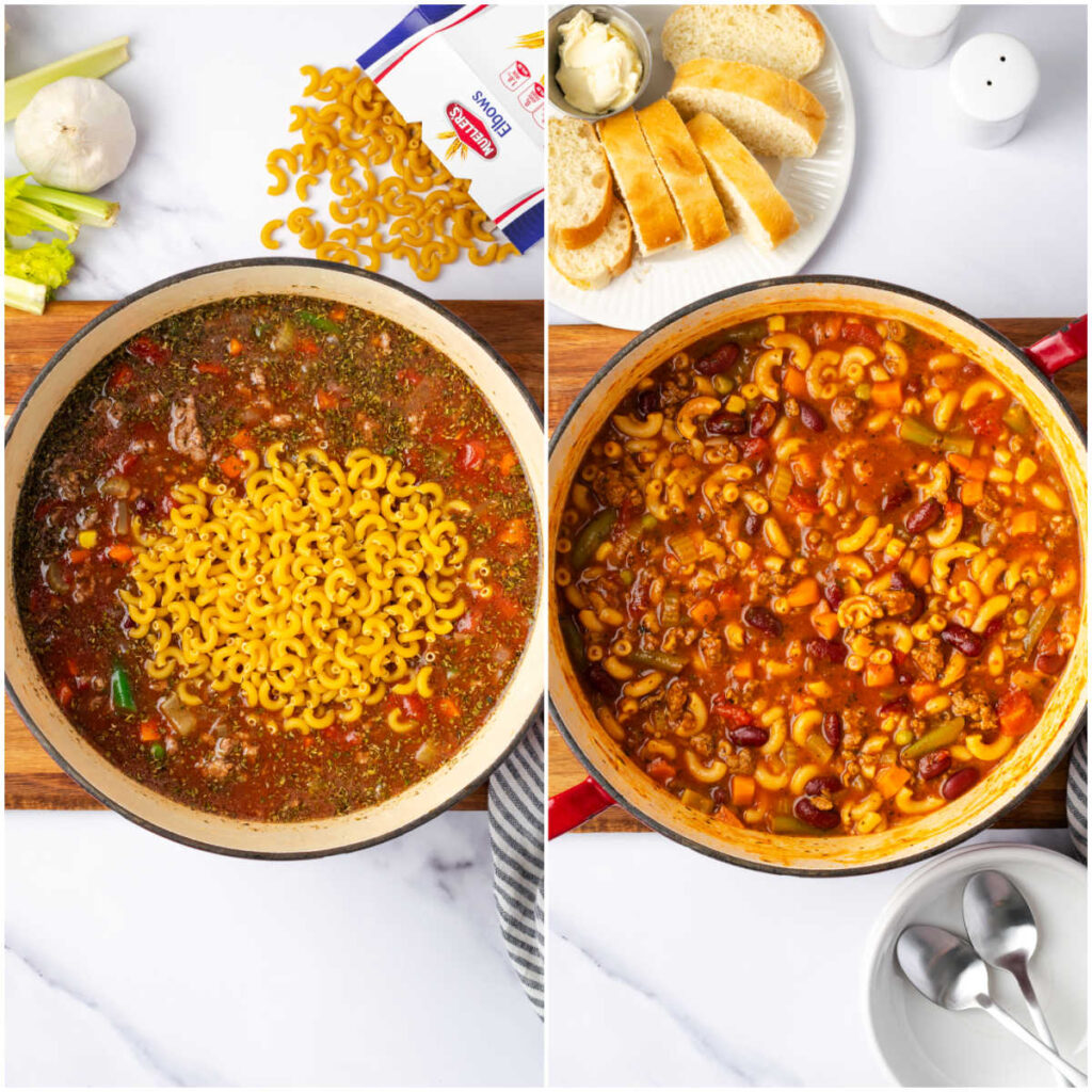 Step images adding elbow macaroni to soup in Dutch oven.
