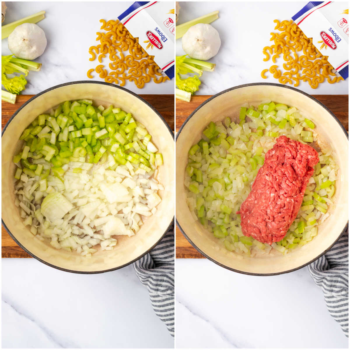 Step images in Dutch oven cooking onions, celery and browning ground beef.
