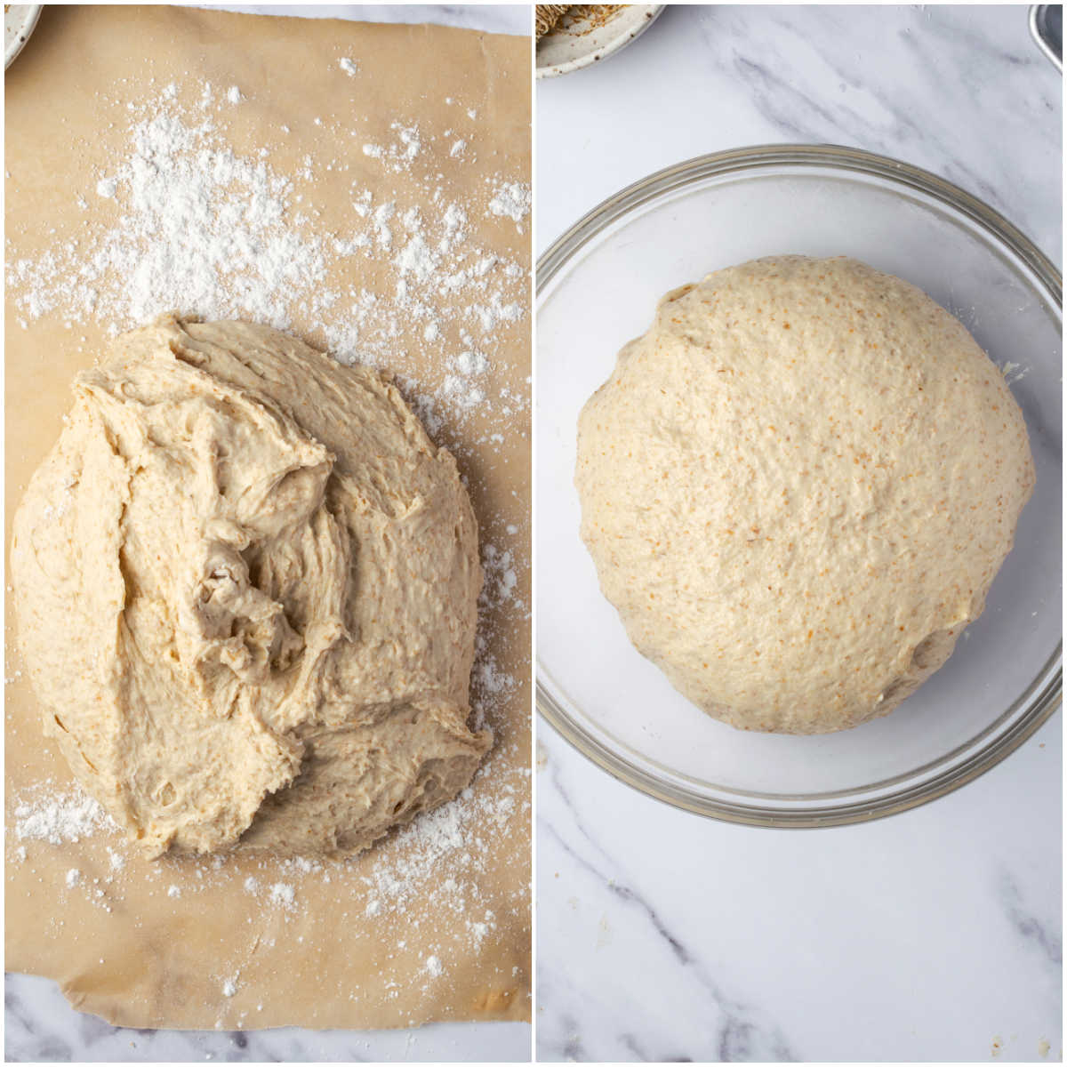 Bread dough before shaping, dough in clear glass bowl.