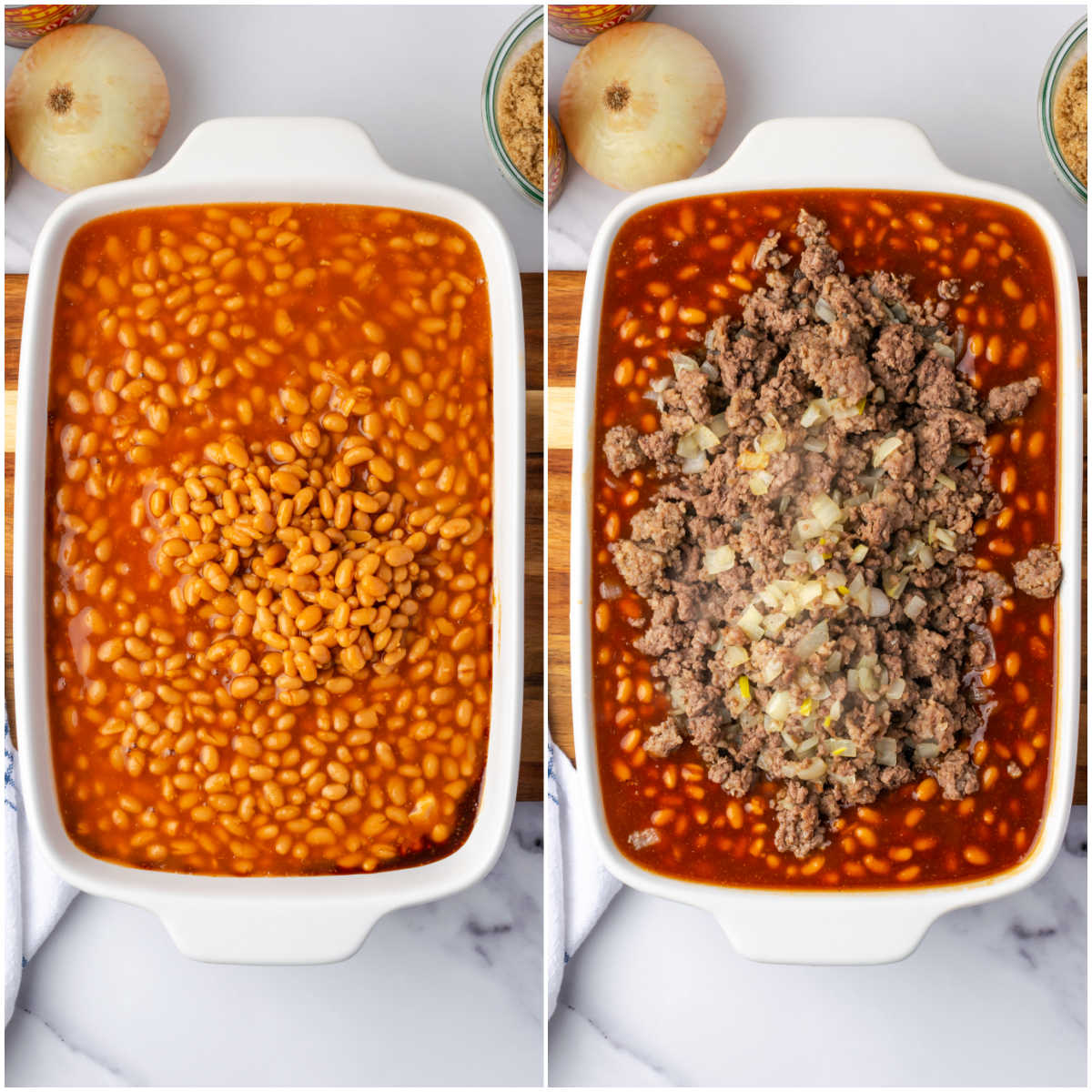 Step images adding baked beans to and browned meat to casserole dish.