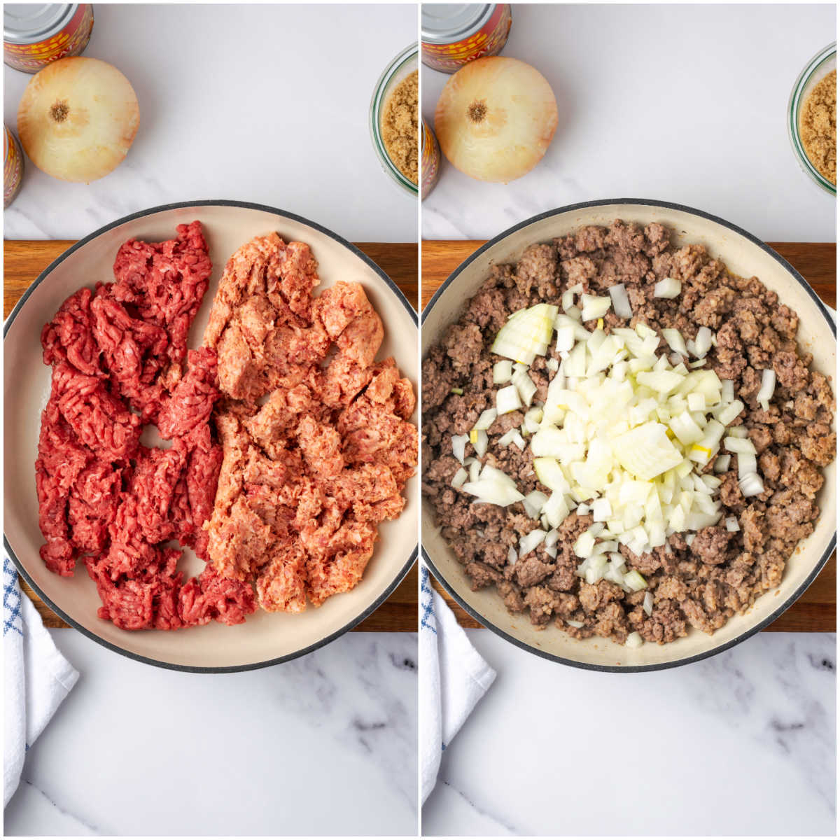 Step images of browning ground beef and sausage in Dutch oven.