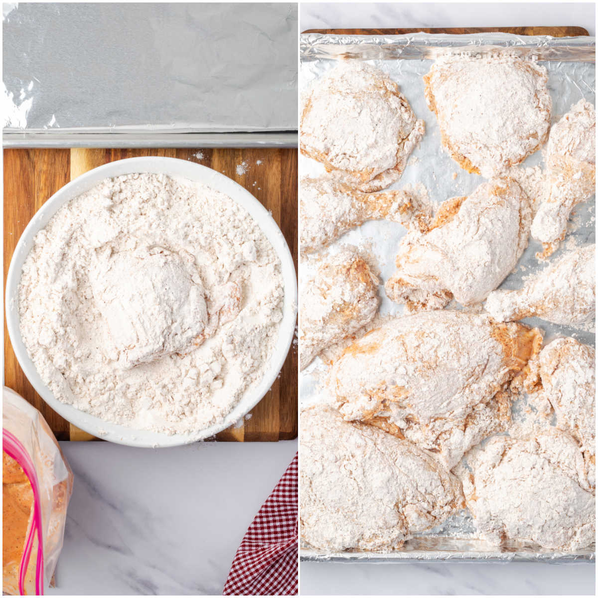 Step images coating chicken in seasoned flour, chicken on sheet pan.