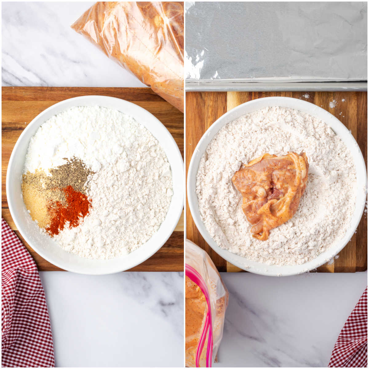 Step images dipping chicken into seasoned flour mixture in shallow white bowl.
