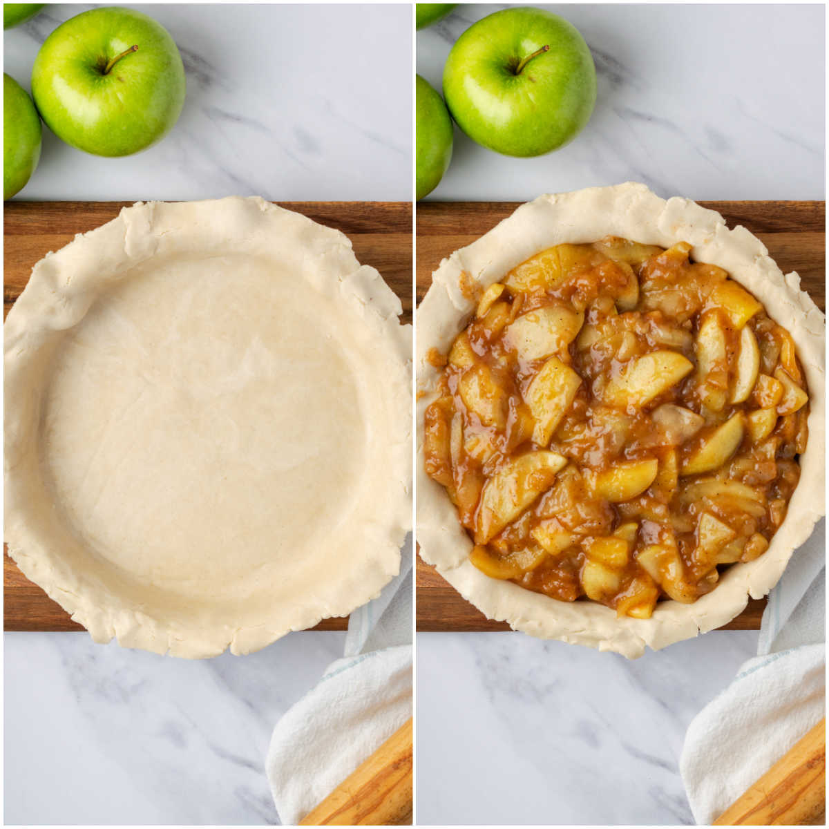 Step images assembling apple pie in crust.