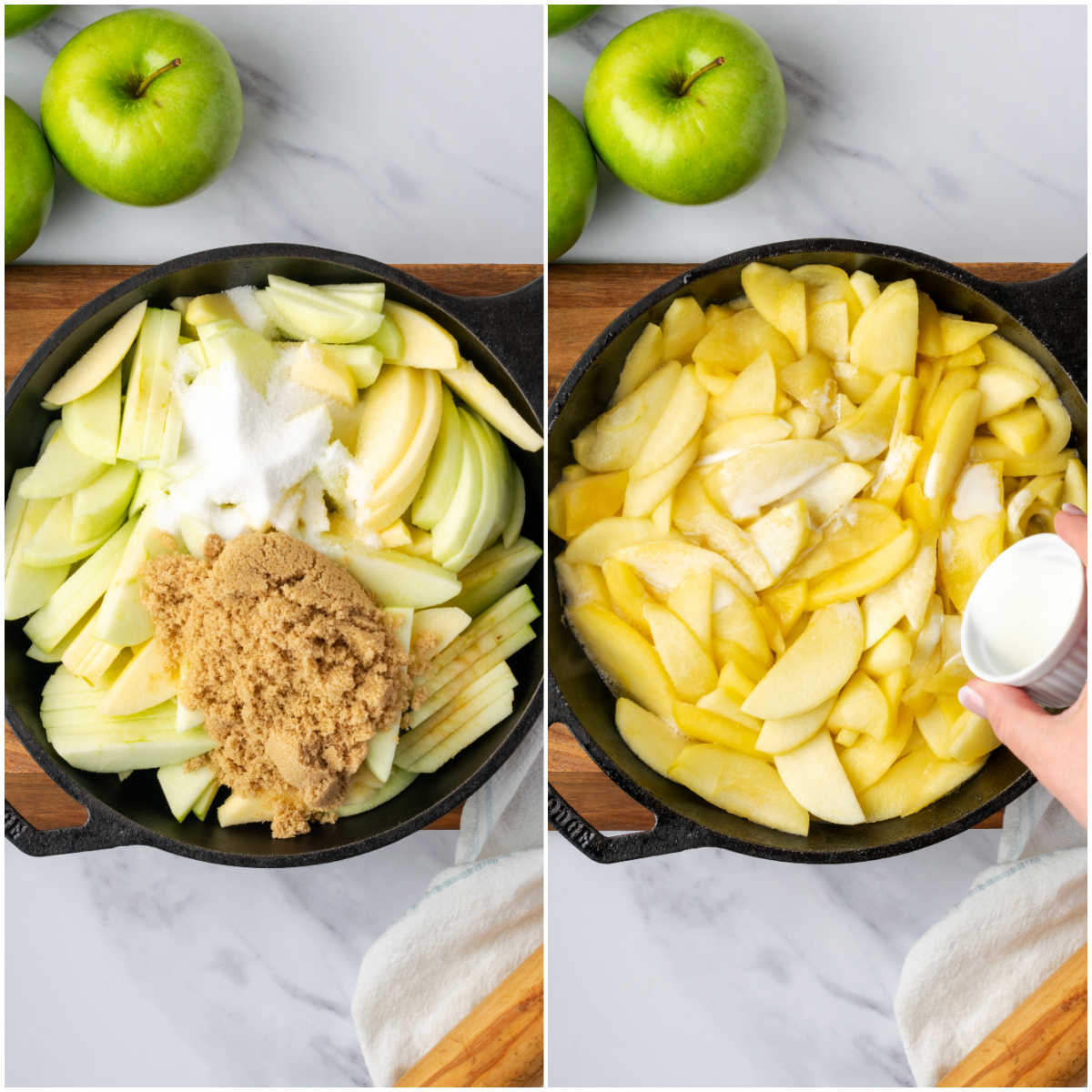 Step images making apple pie filling in cast iron skillet.