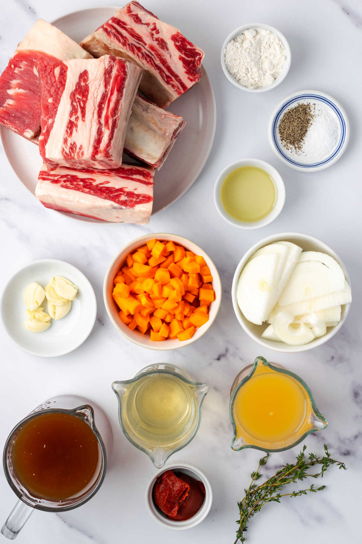 Step images of beef short ribs, small white bowls with ingredients.