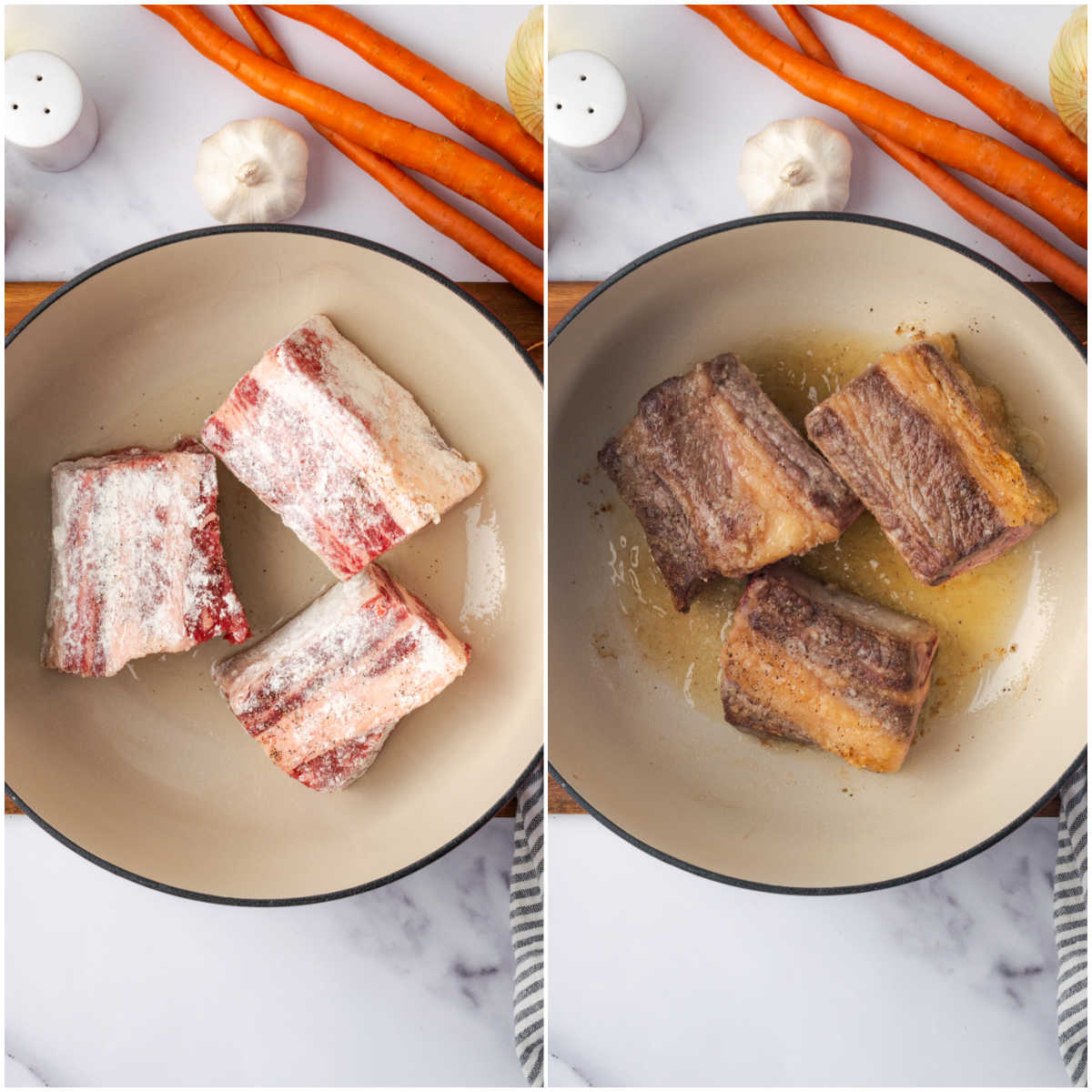 Step images browning short ribs in Dutch oven.