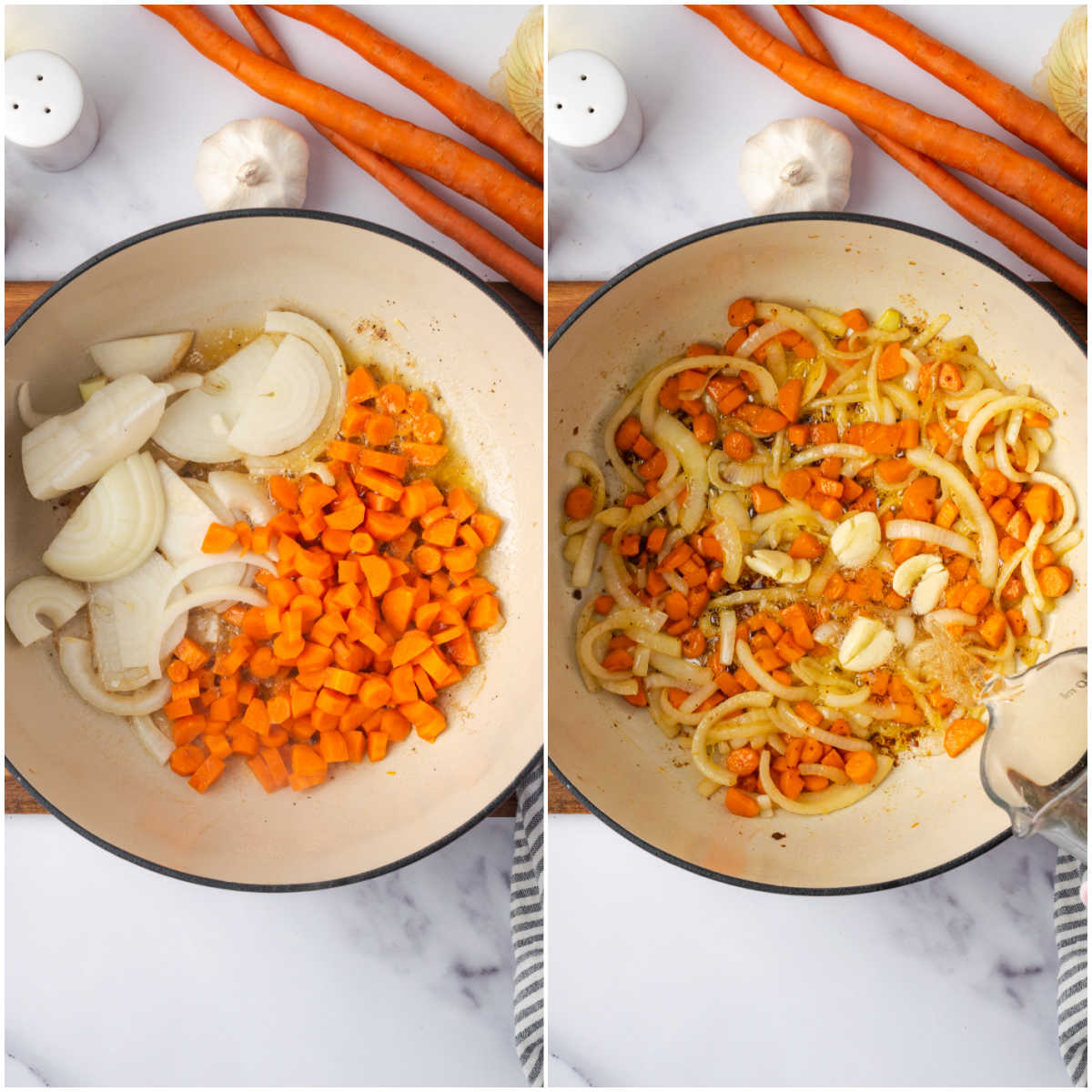 Step images sauteing onions and carrots in Dutch oven.