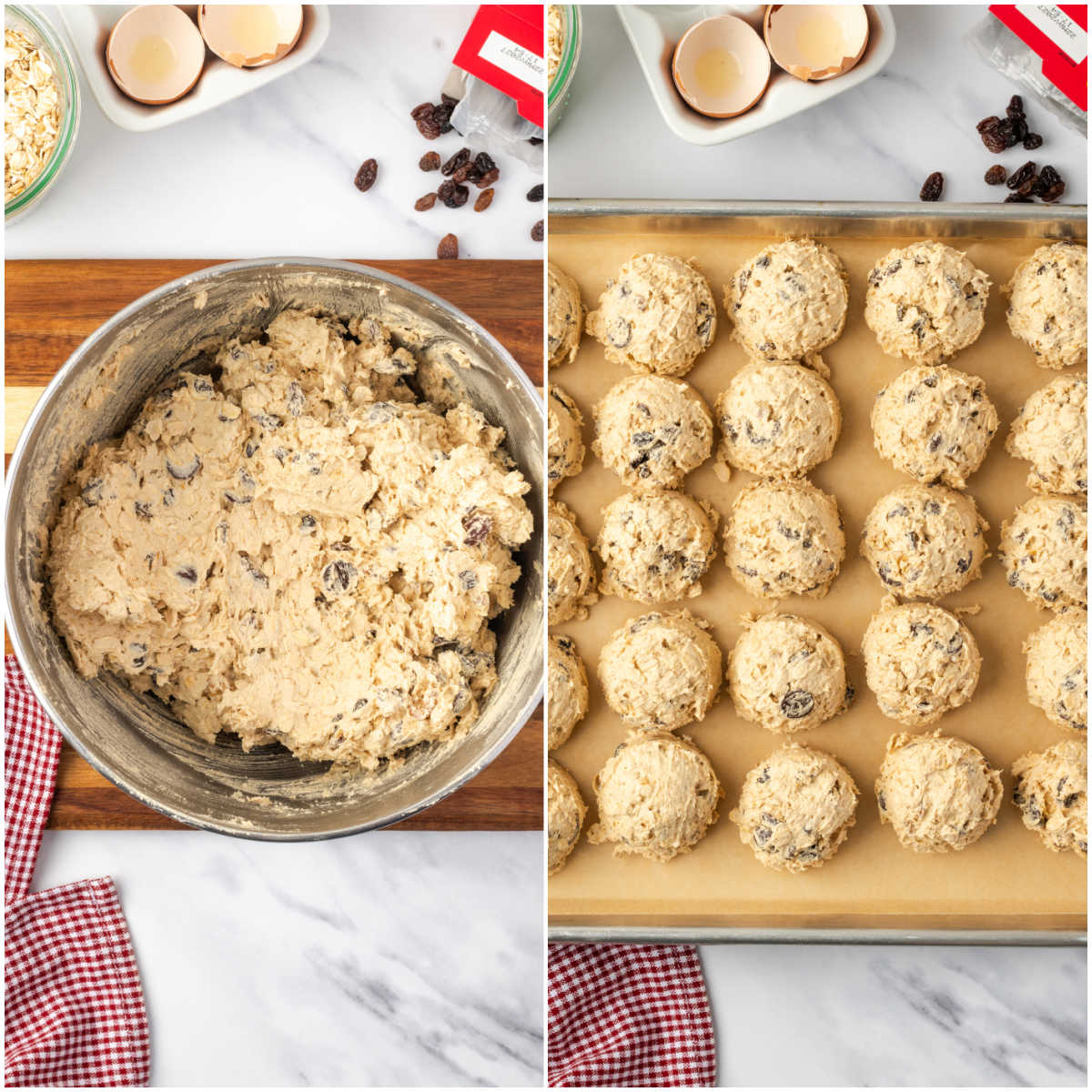 Scooping oatmeal cookie dough onto half sheet pan lined with brown parchment paper.