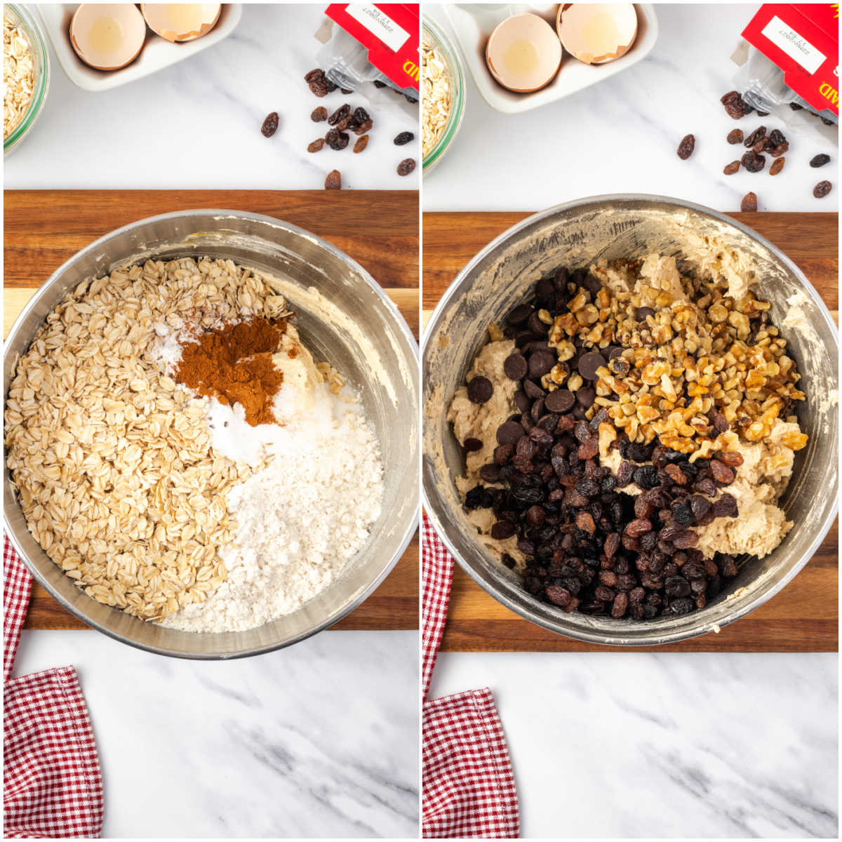 Step images of adding ingredients into mixing bowl for cookie dough.