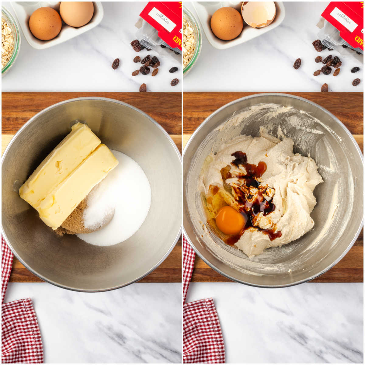 Step ingredients in mixing bowl for cookie dough, creaming butter.