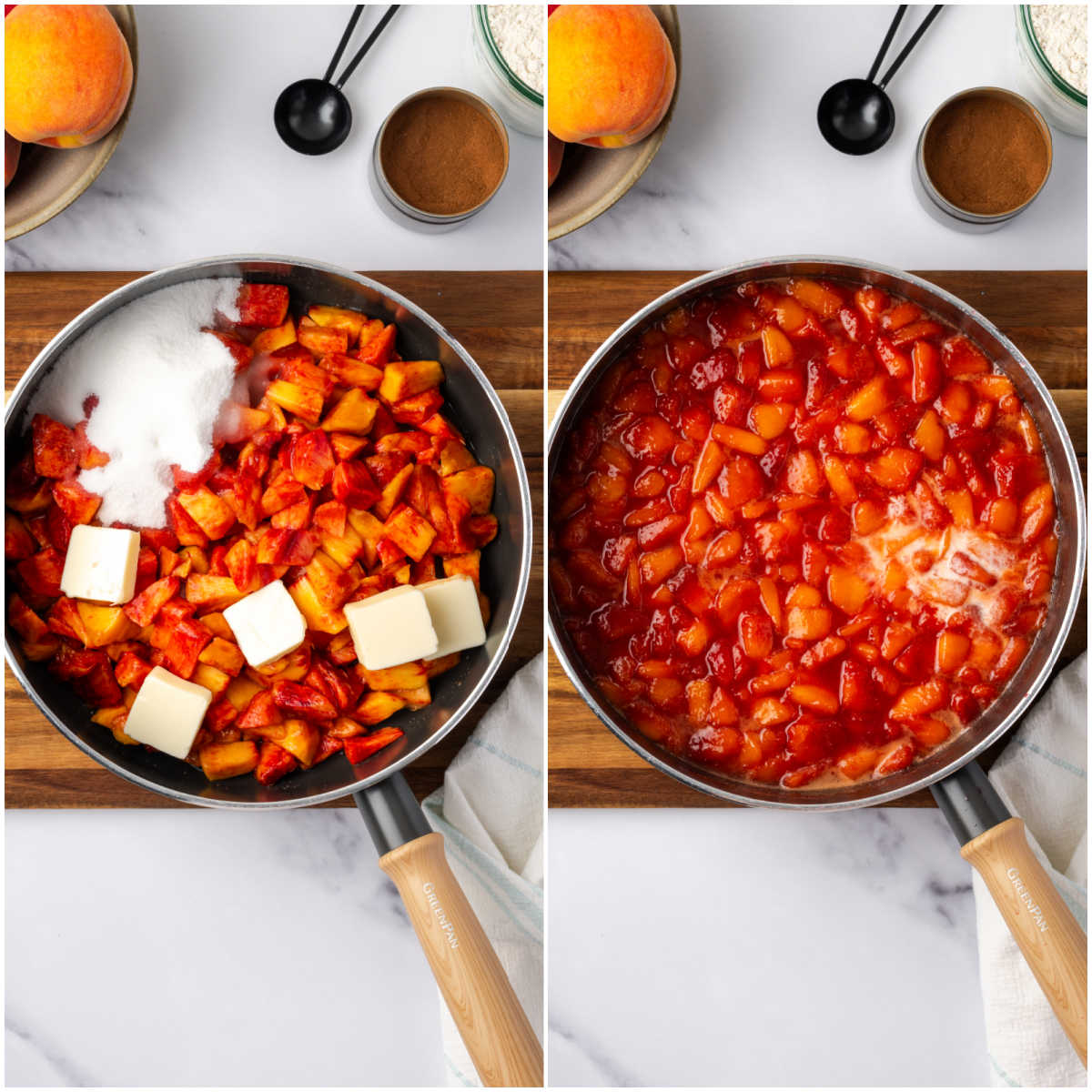 Making peach filling in saucepan.