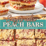 Peach crumb bars stacked on small white plate.