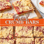 Crumb bars with peaches on cutting board.