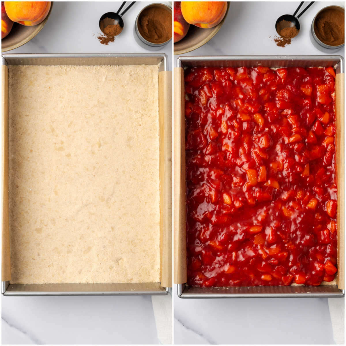 Step images adding peach filling to shortbread base in baking pan.