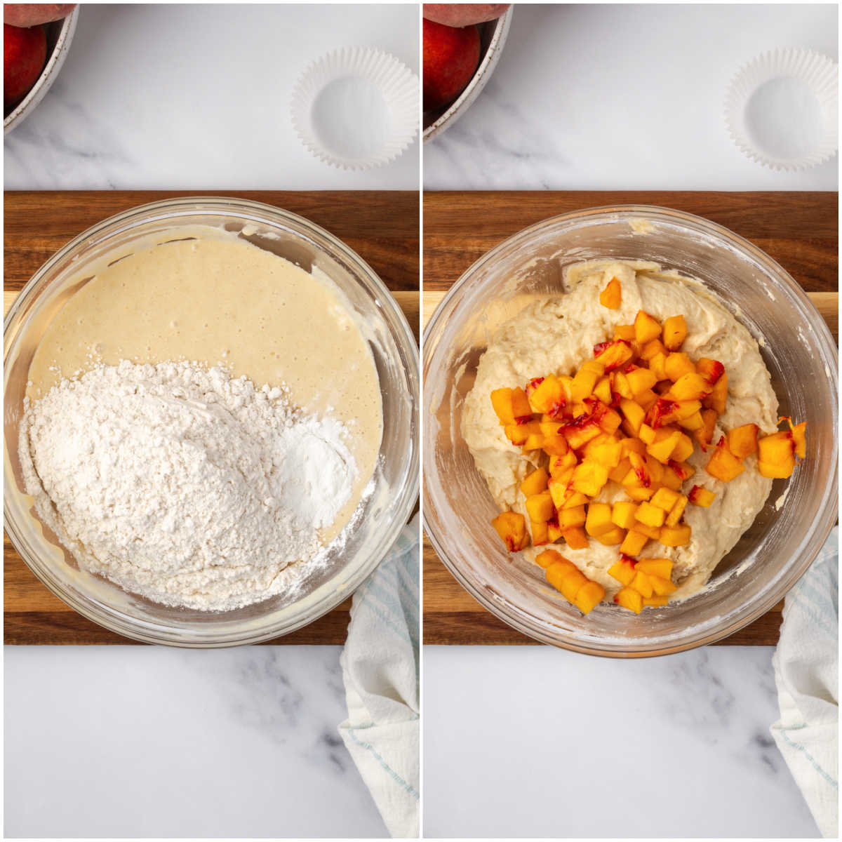 Adding flour to muffin batter, folding in peaches in clear glass bowl.