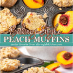 Muffins with crumb topping in muffin tin, peach slices.