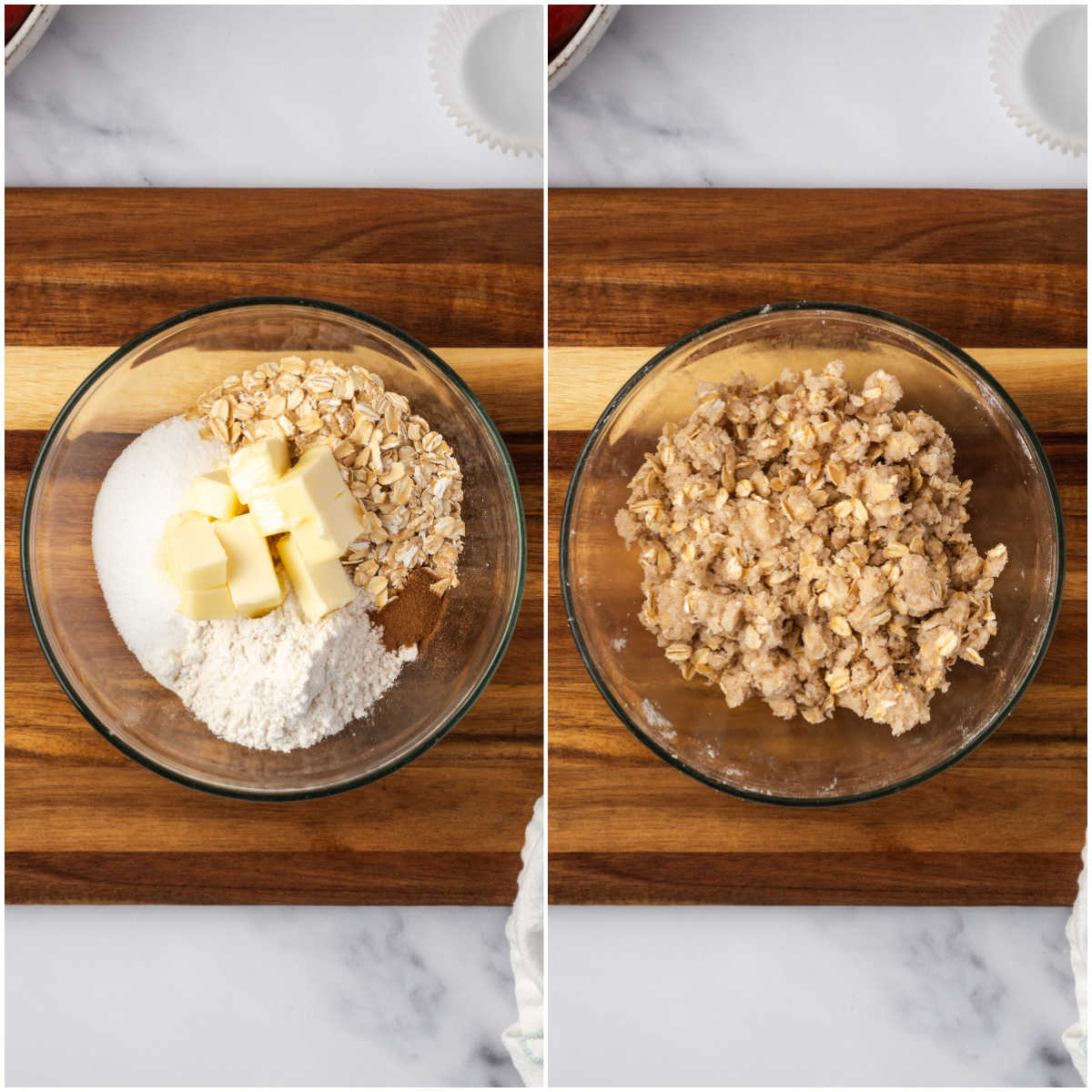 Making oatmeal crumb topping in clear glass bowl on wooden cutting board.