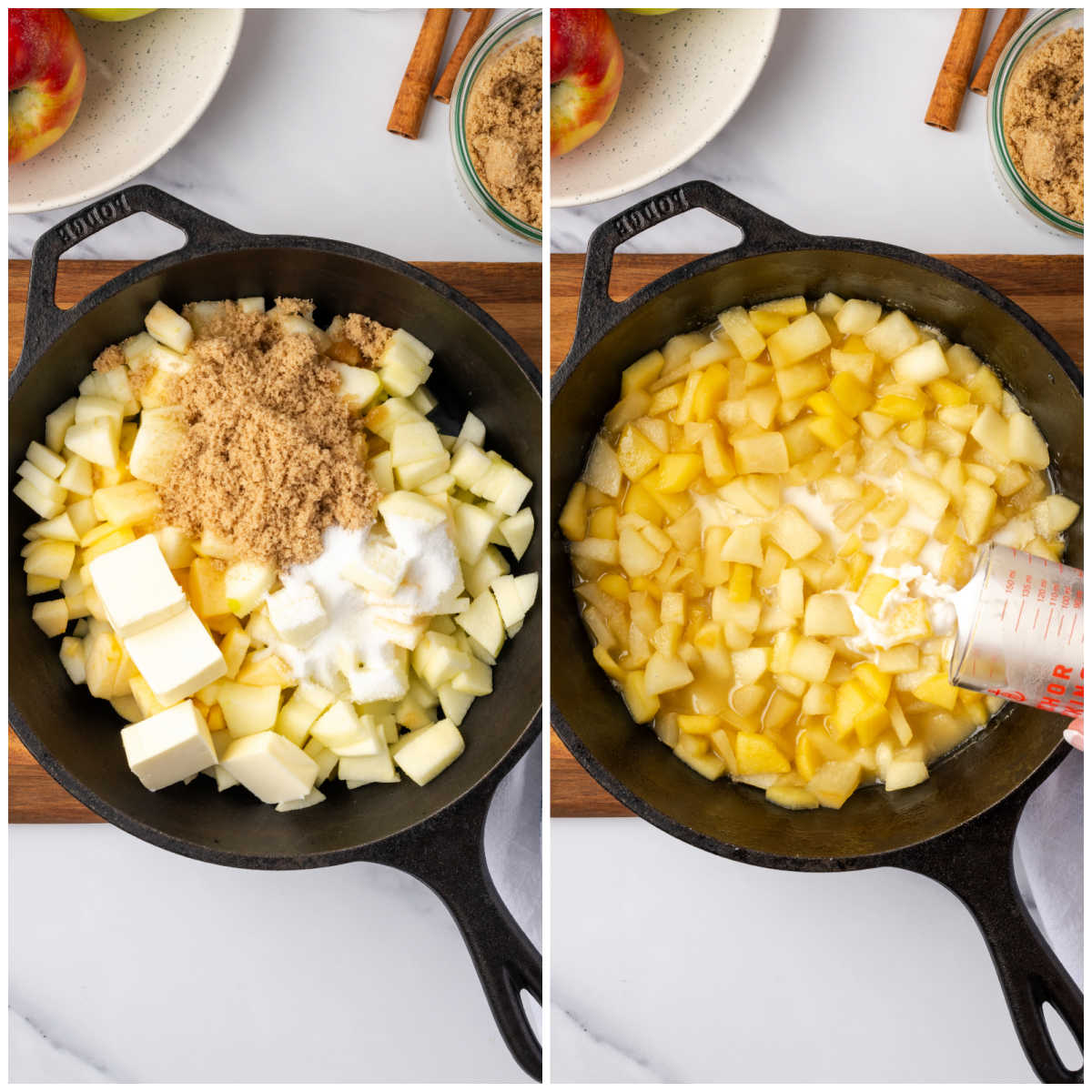 Step imags making apple pie filling in cast iron skillet.
