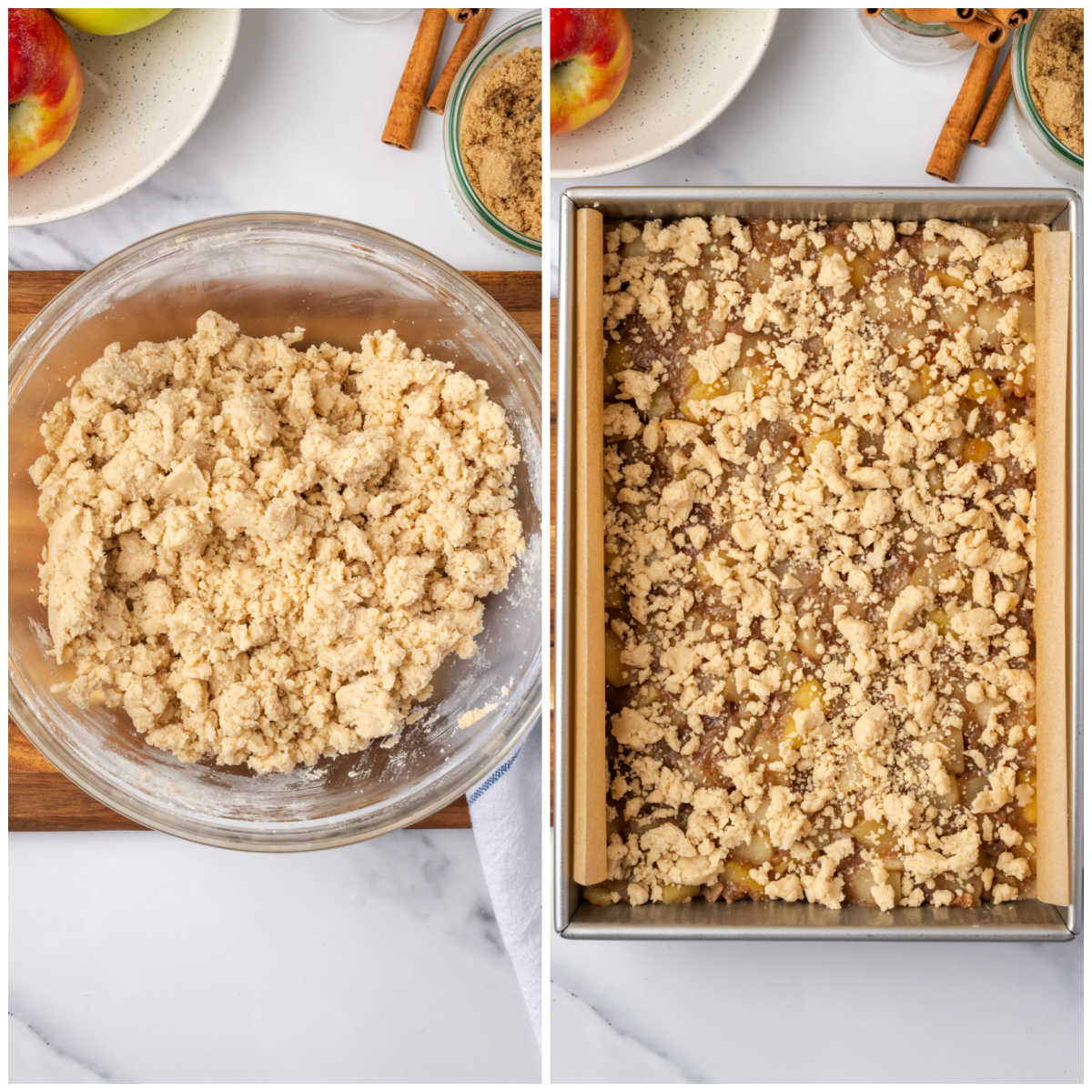 Placing crumb topping on apple bars in metal baking pan.