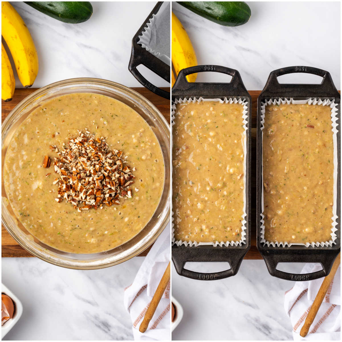 Step images adding zucchini bread batter to cast iron loaf pans.