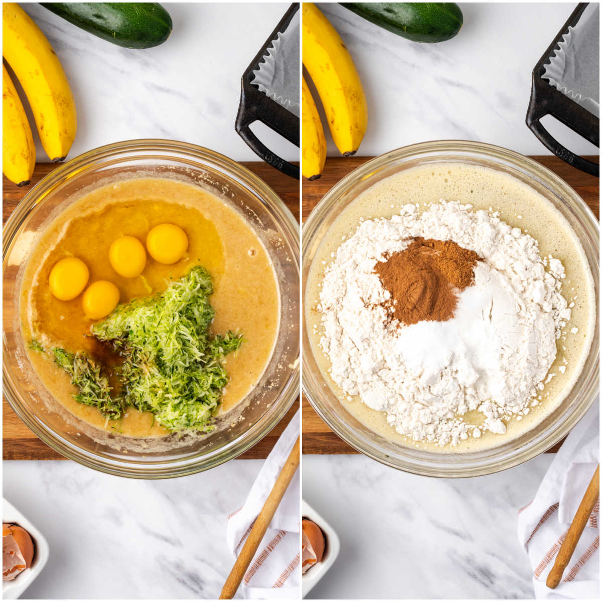 Step images making batter with shredded zucchini.