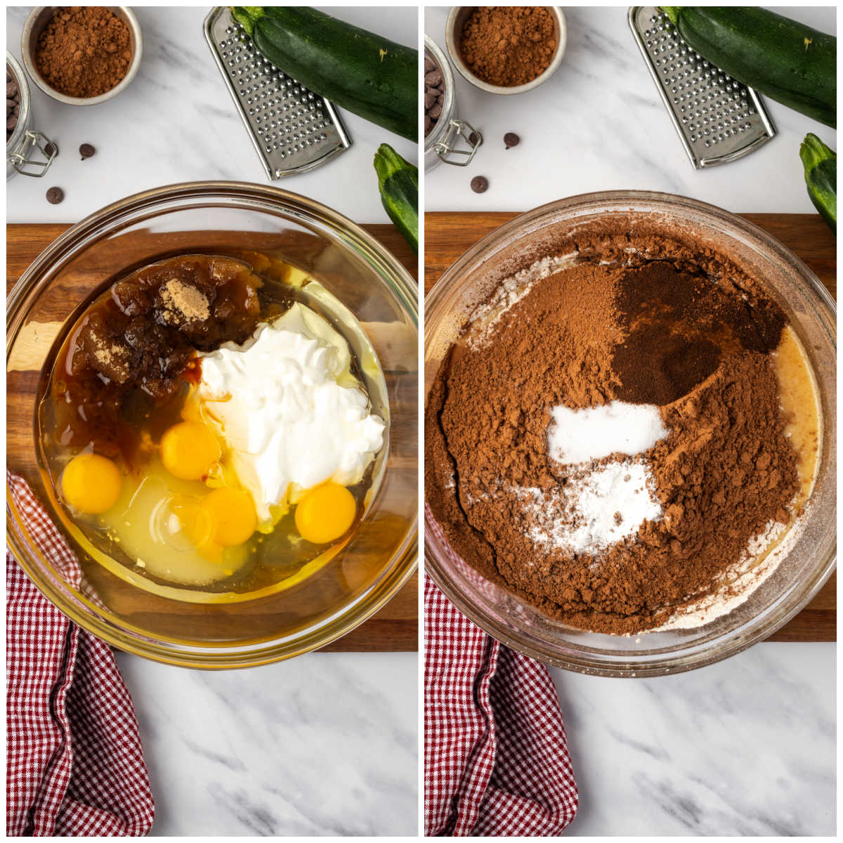 Step images mixing batter for chocolate cake.
