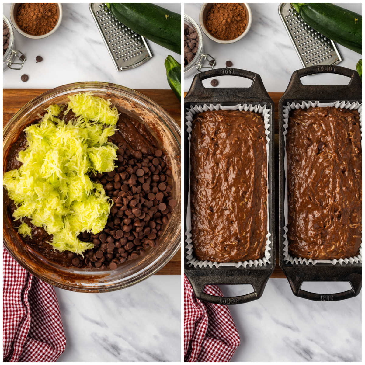 Step images folding grated zucchini into chocolate cake batter.