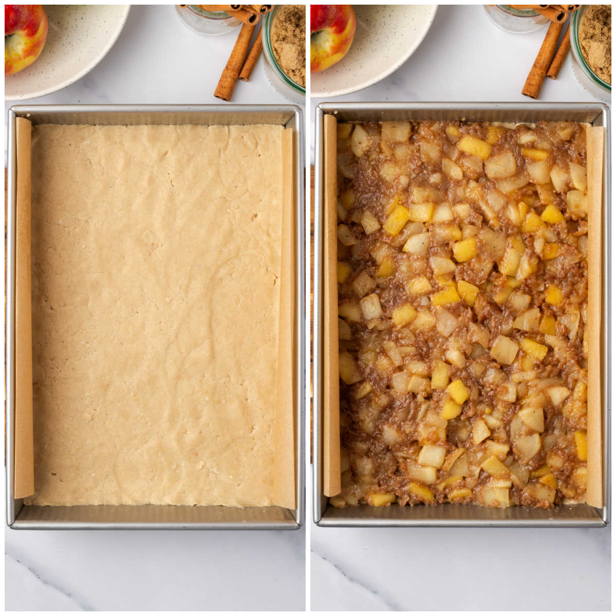 Step images adding apple filling over cookie base in metal baking pan.