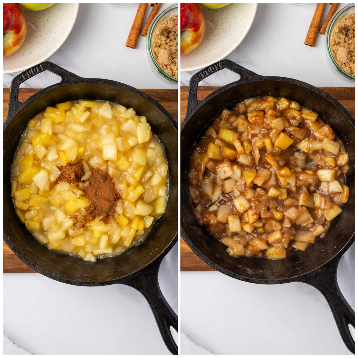 Step images adding cinnamon and nutmeg to cooked apples in cast iron skillet.