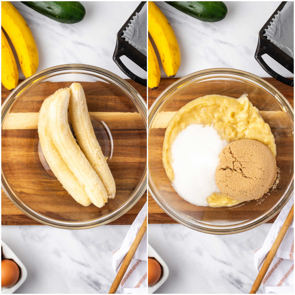 Step images of mashing bananas and adding sugar in clear glass bowl.
