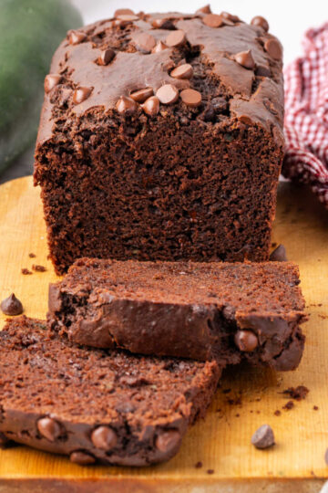Chocolate zucchini bread partially sliceed.