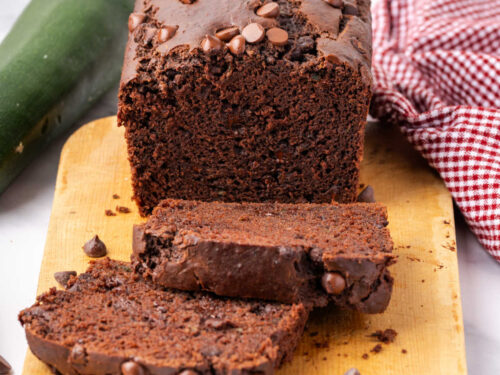 Chocolate zucchini bread partially sliceed.