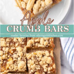 Crumb bars with apples on small white plate, cut up on cutting board.